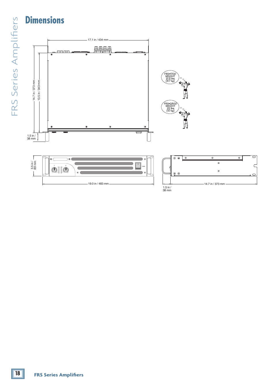 Dimensions, Frs series amplifiers | MACKIE FRS1700 User Manual | Page 18 / 20