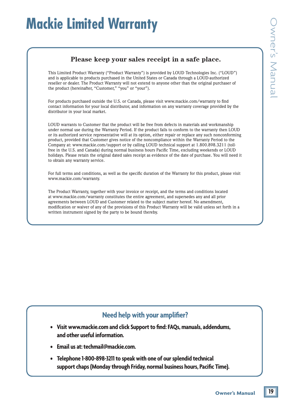 Mackie limited warranty, Owner’ s manual, Need help with your amplifier | Please keep your sales receipt in a safe place | MACKIE FRS1700 User Manual | Page 19 / 20