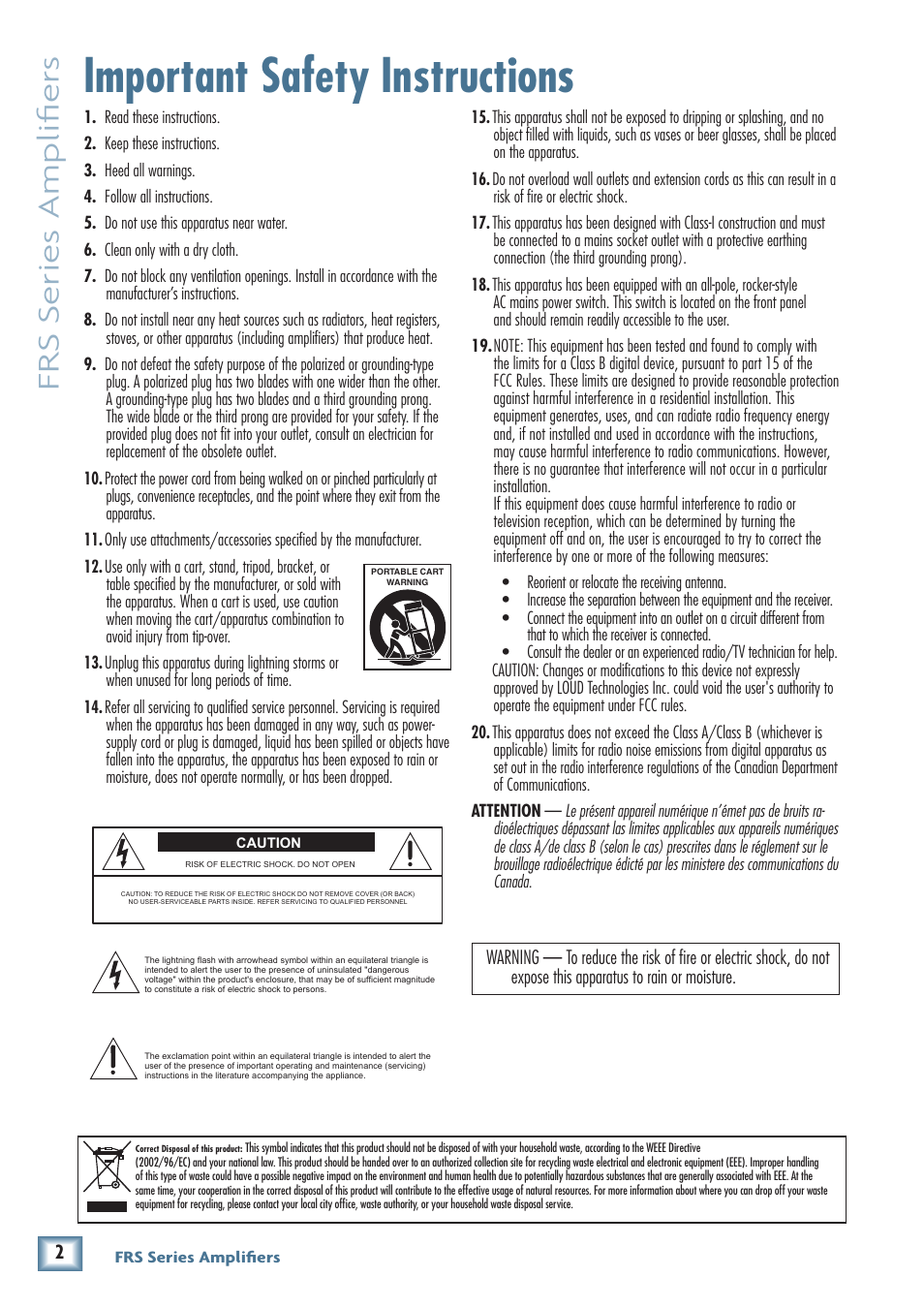 Important safety instructions, Frs series amplifiers | MACKIE FRS1700 User Manual | Page 2 / 20