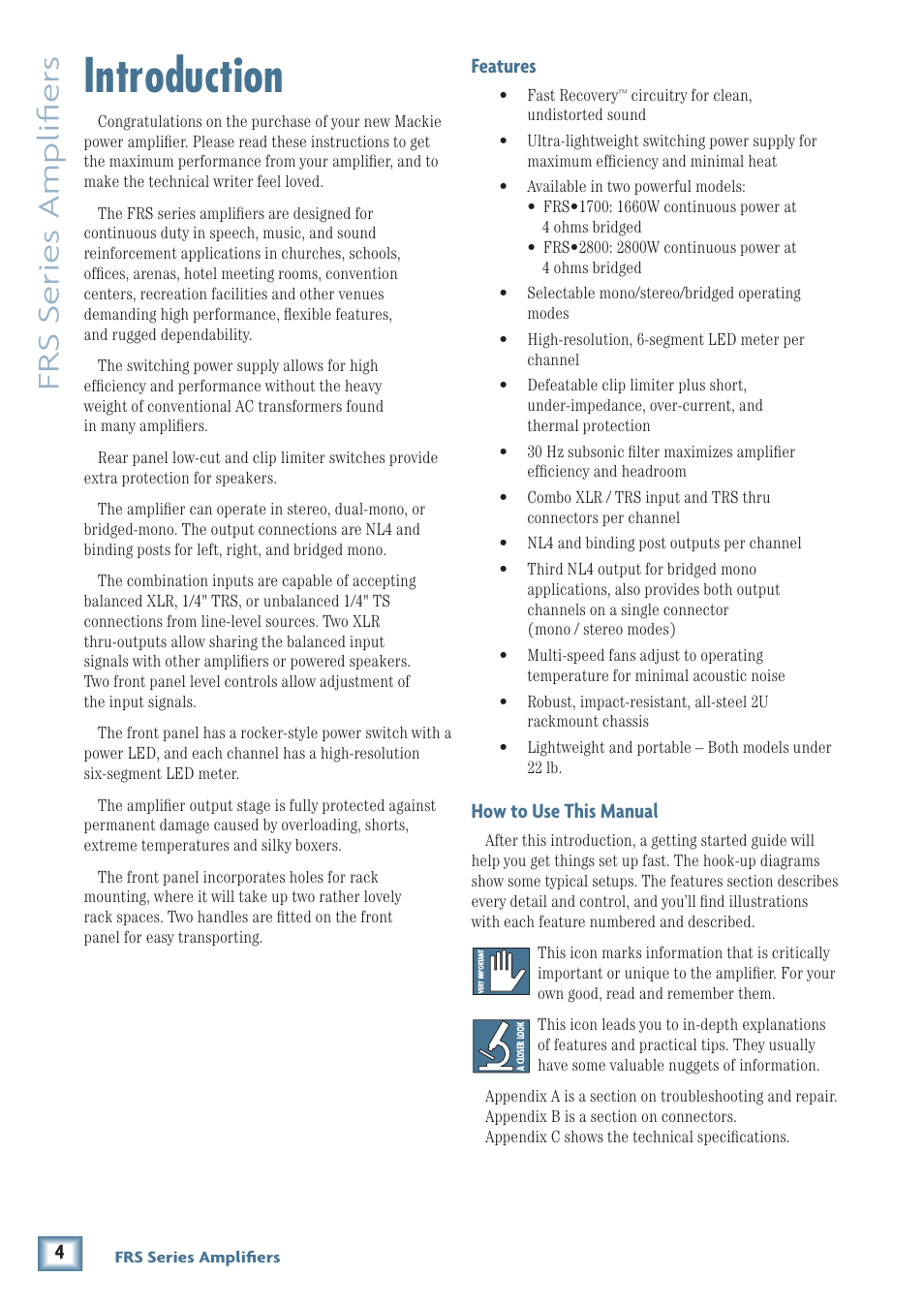 Introduction, Frs series amplifiers, Features | How to use this manual | MACKIE FRS1700 User Manual | Page 4 / 20