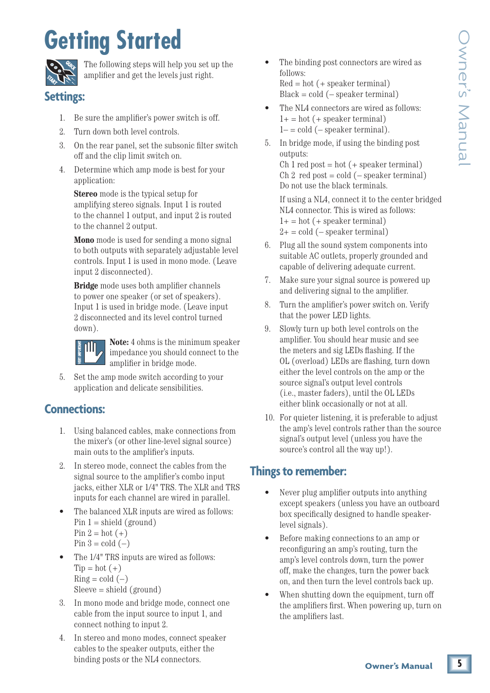 Getting started, Owner’ s manual, Settings | Connections, Things to remember | MACKIE FRS1700 User Manual | Page 5 / 20