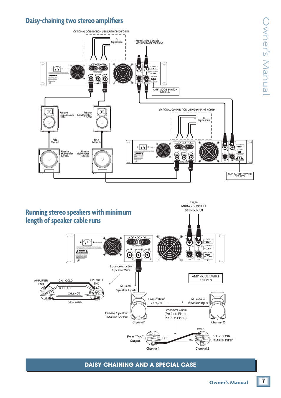 Owner’ s manual, Daisy-chaining two stereo amplifiers, Daisy chaining and a special case | Owner’s manual | MACKIE FRS1700 User Manual | Page 7 / 20