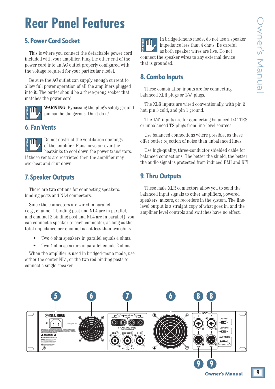 Rear panel features, Owner’ s manual, Power cord socket | Fan vents, Speaker outputs, Combo inputs, Thru outputs | MACKIE FRS1700 User Manual | Page 9 / 20