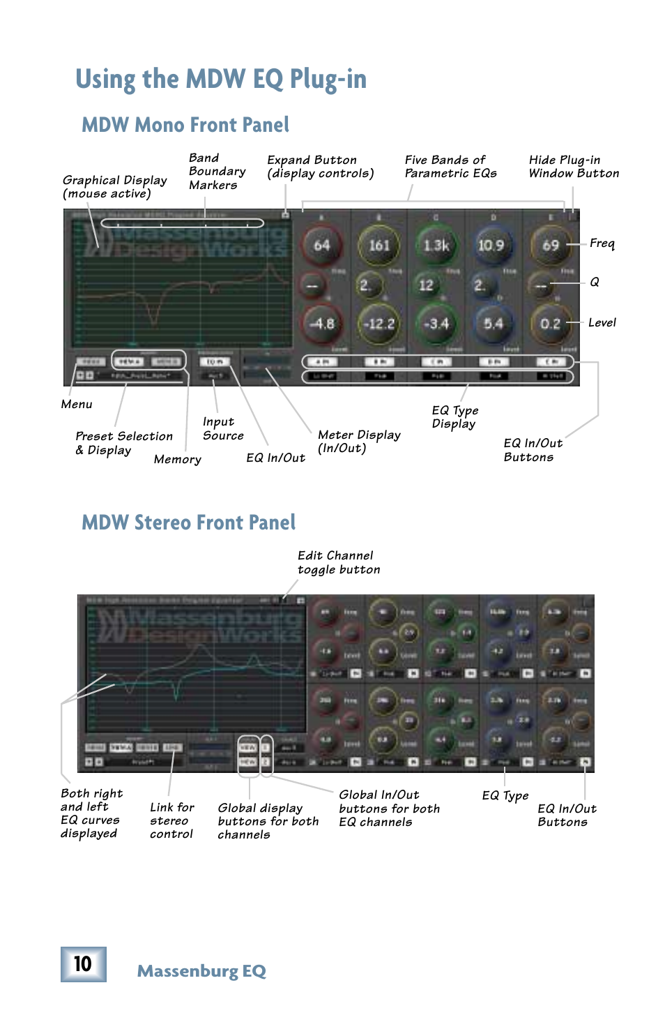 Using the mdw eq plug-in, Stereo and mono front panels, Mdw mono front panel | Mdw stereo front panel, Massenburg eq | MACKIE MDW 2x2 User Manual | Page 10 / 24
