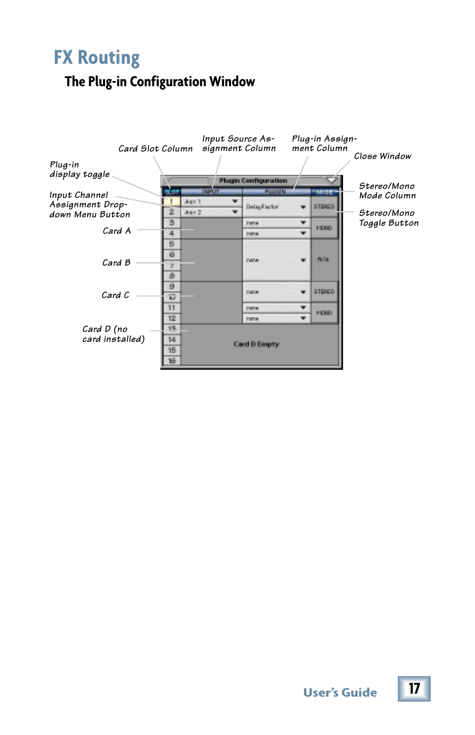 Fx routing, The plug-in configuration window | MACKIE MDW 2x2 User Manual | Page 17 / 24