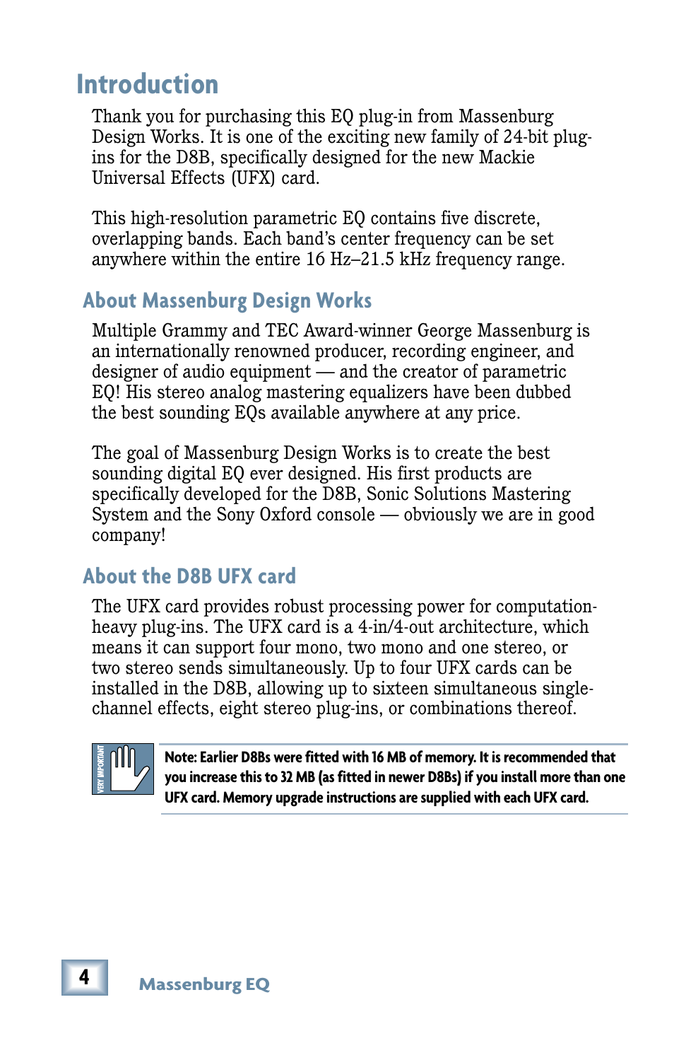 Introduction, About massenburg design works, About the d8b ufx card | MACKIE MDW 2x2 User Manual | Page 4 / 24