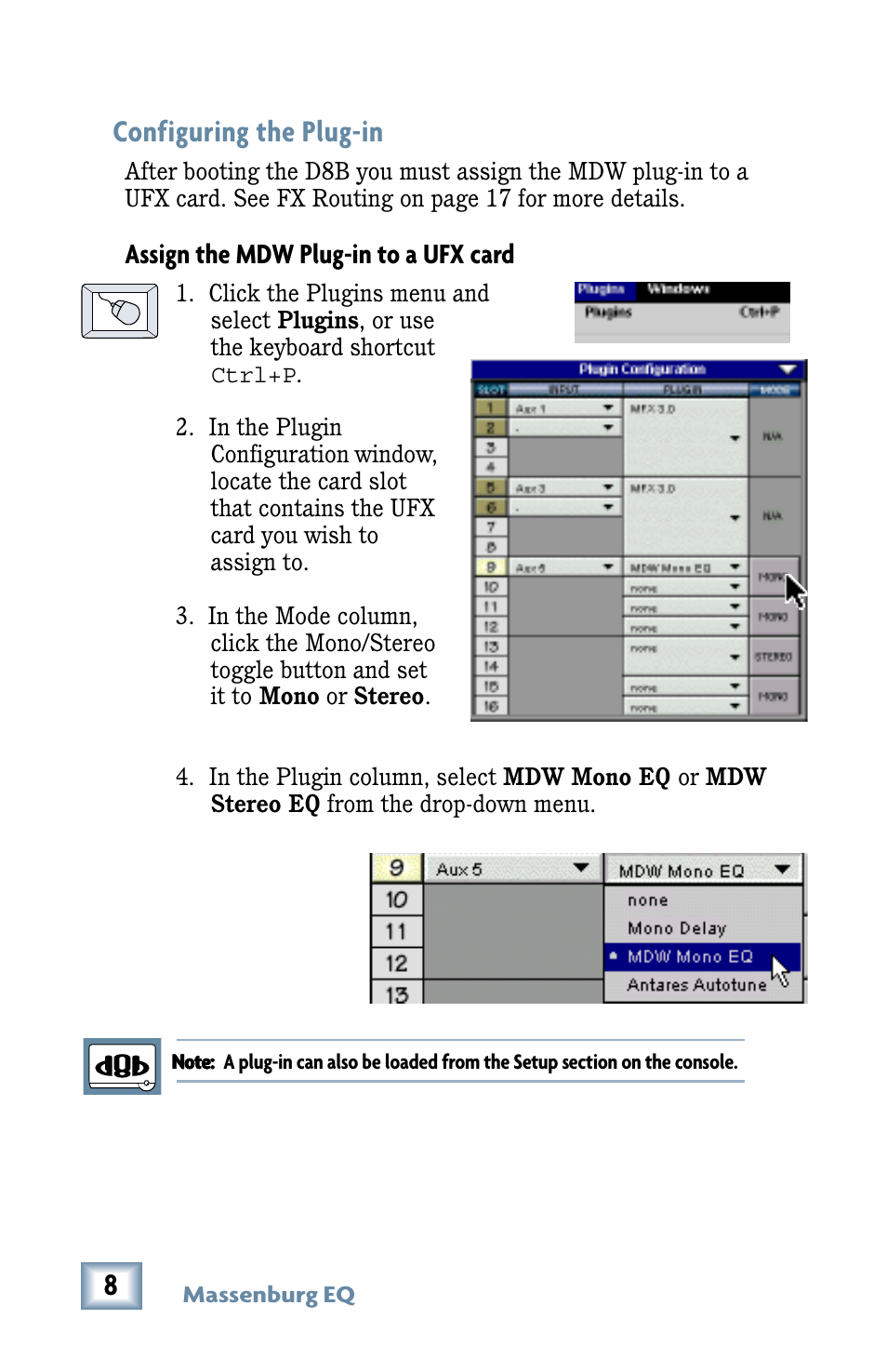 Configuring the plug-in, Assign the mdw plug-in to a ufx card | MACKIE MDW 2x2 User Manual | Page 8 / 24