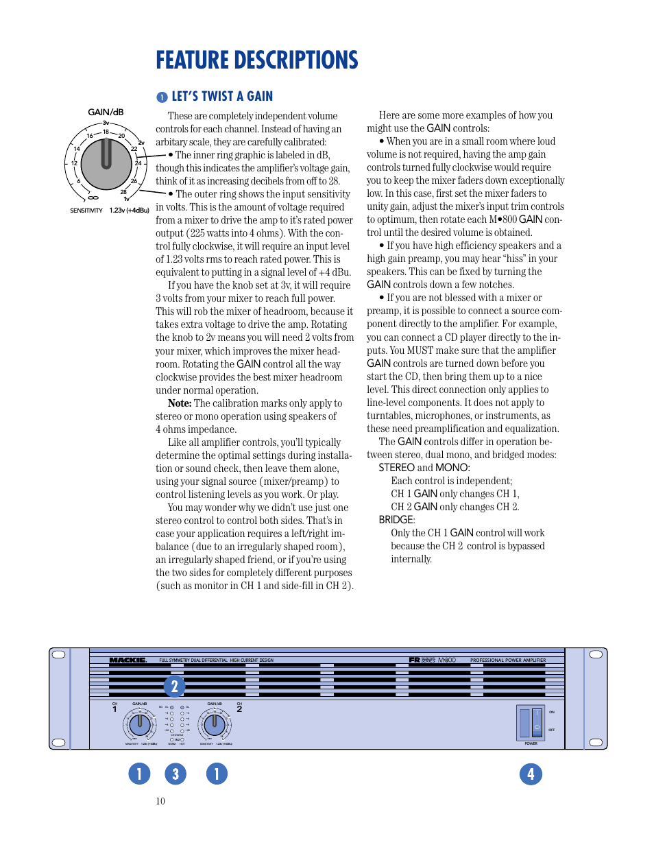 Feature descriptions, Let’s twist a gain, Gain/db | MACKIE M800 User Manual | Page 10 / 27