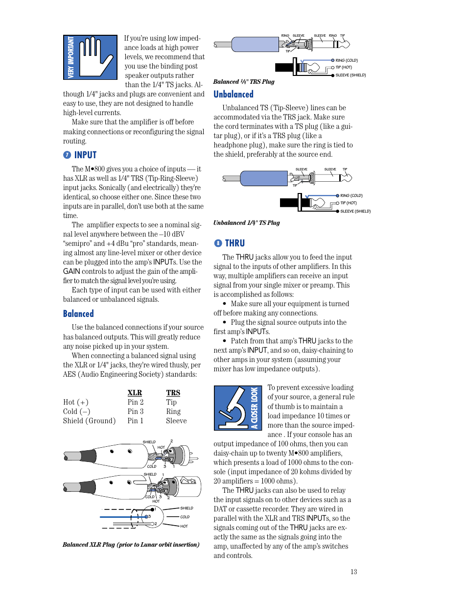 Input, Balanced, Unbalanced | Thru | MACKIE M800 User Manual | Page 13 / 27