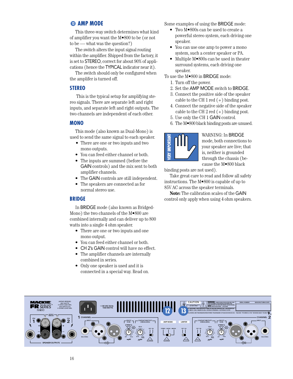 Amp mode, Stereo, Mono | Bridge | MACKIE M800 User Manual | Page 16 / 27