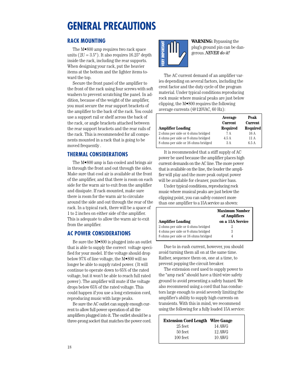 General precautions, Rack mounting, Thermal considerations | Ac power considerations | MACKIE M800 User Manual | Page 18 / 27