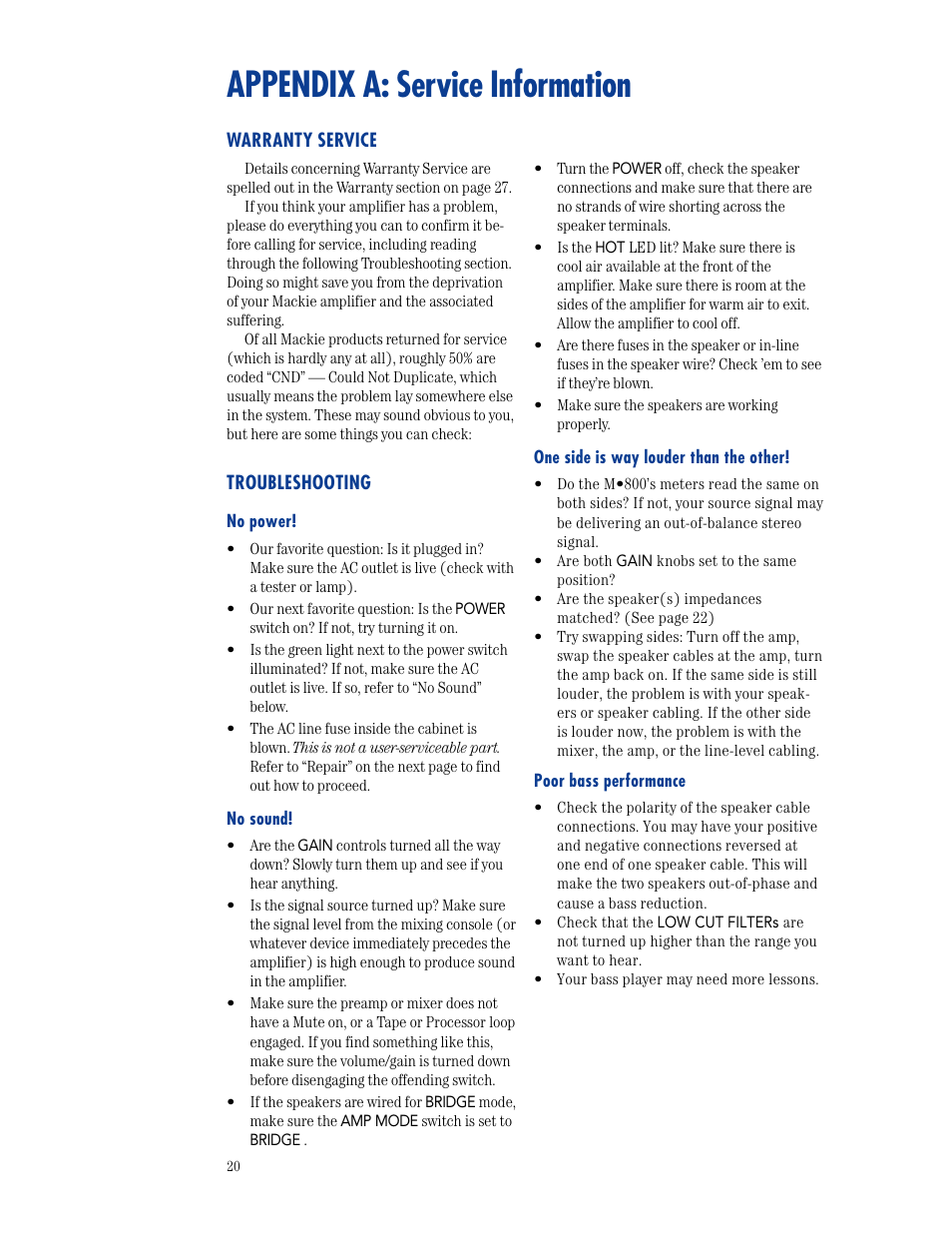 Appendix a: service information | MACKIE M800 User Manual | Page 20 / 27