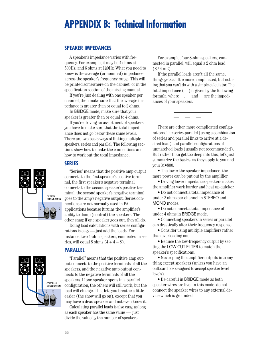 Appendix b: technical information, Speaker impedances, Series | Parallel | MACKIE M800 User Manual | Page 22 / 27