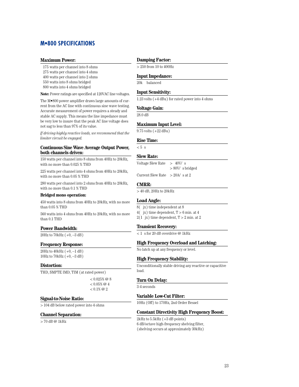 M•800 specifications | MACKIE M800 User Manual | Page 23 / 27