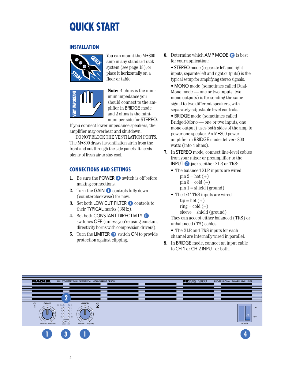 Quick start, Installation, Connections and settings | MACKIE M800 User Manual | Page 4 / 27