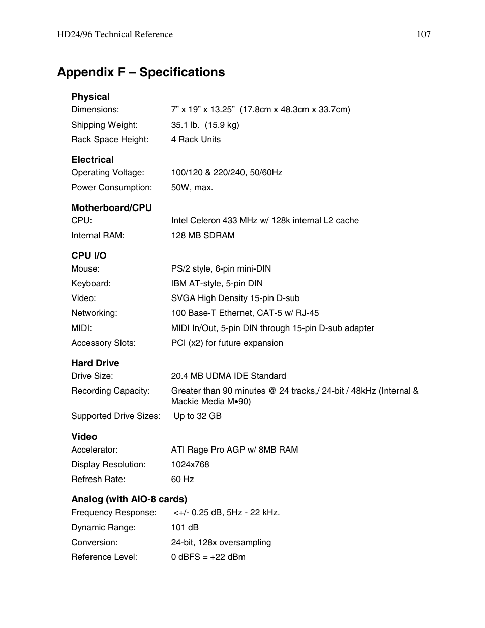 Appendix f – specifications | MACKIE HDR 24/96 User Manual | Page 107 / 110