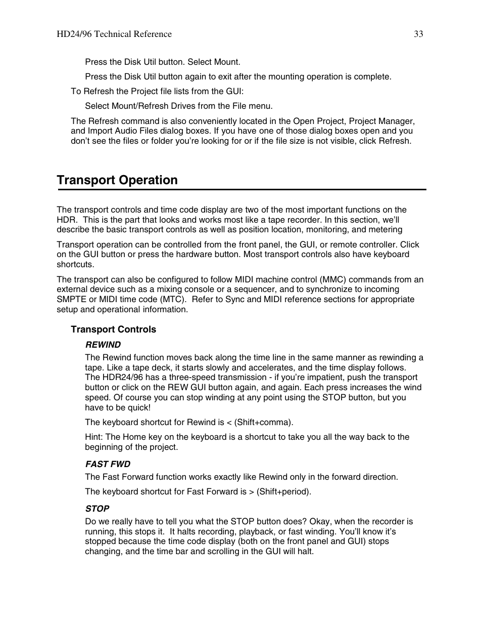 Transport operation | MACKIE HDR 24/96 User Manual | Page 33 / 110