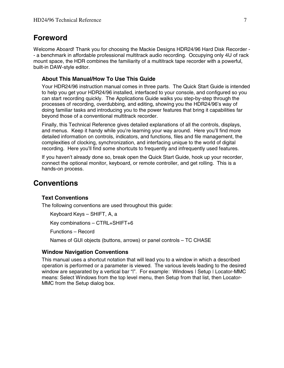 Foreword, Conventions | MACKIE HDR 24/96 User Manual | Page 7 / 110