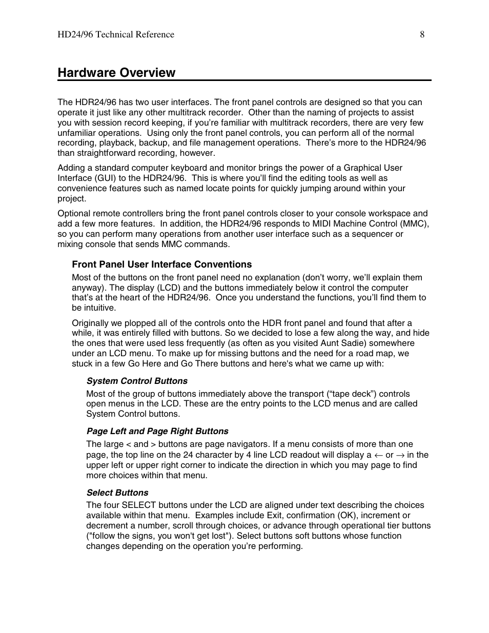 Hardware overview | MACKIE HDR 24/96 User Manual | Page 8 / 110