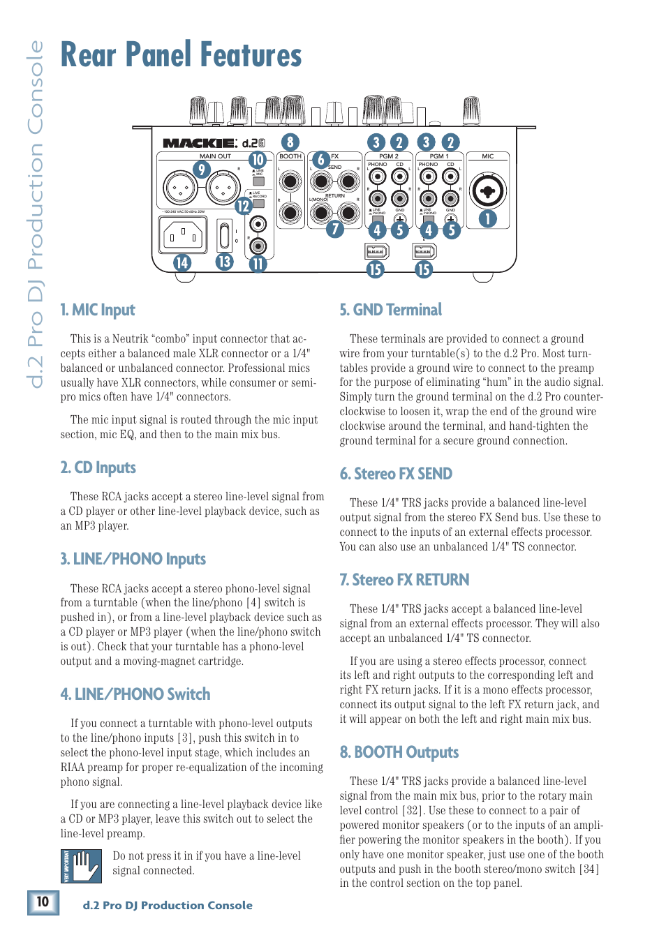 Rear panel features, D.2 pr o dj pr oduc tion c ons ole, Mic input | Cd inputs, Line/phono inputs, Line/phono switch, Gnd terminal, Stereo fx send, Stereo fx return, Booth outputs | MACKIE DJ Mixer User Manual | Page 10 / 32