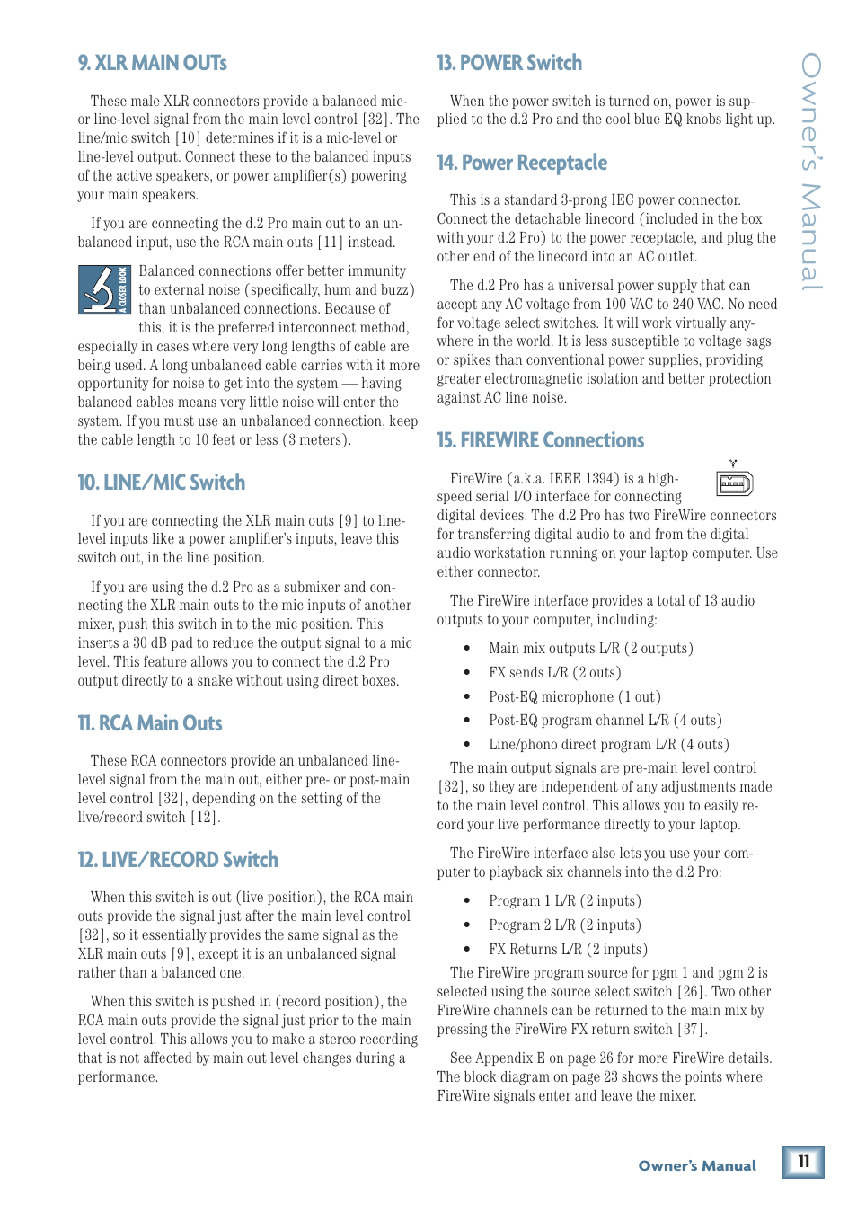 Owner’ s manual, Xlr main outs, Line/mic switch | Rca main outs, Live/record switch, Power switch, Power receptacle, Firewire connections, Owner’s manual | MACKIE DJ Mixer User Manual | Page 11 / 32