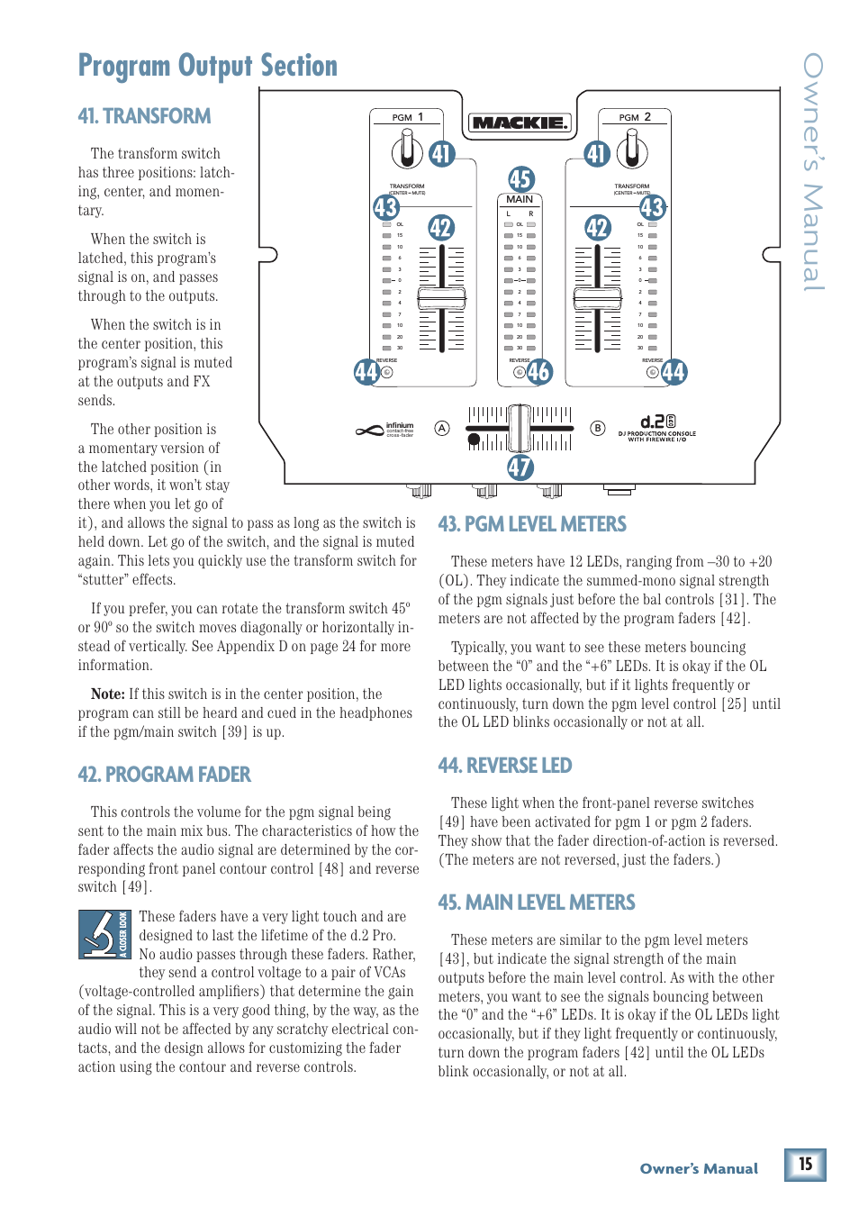 Owner’ s manual, Transform, Program fader | Pgm level meters, Reverse led, Main level meters, Owner’s manual | MACKIE DJ Mixer User Manual | Page 15 / 32