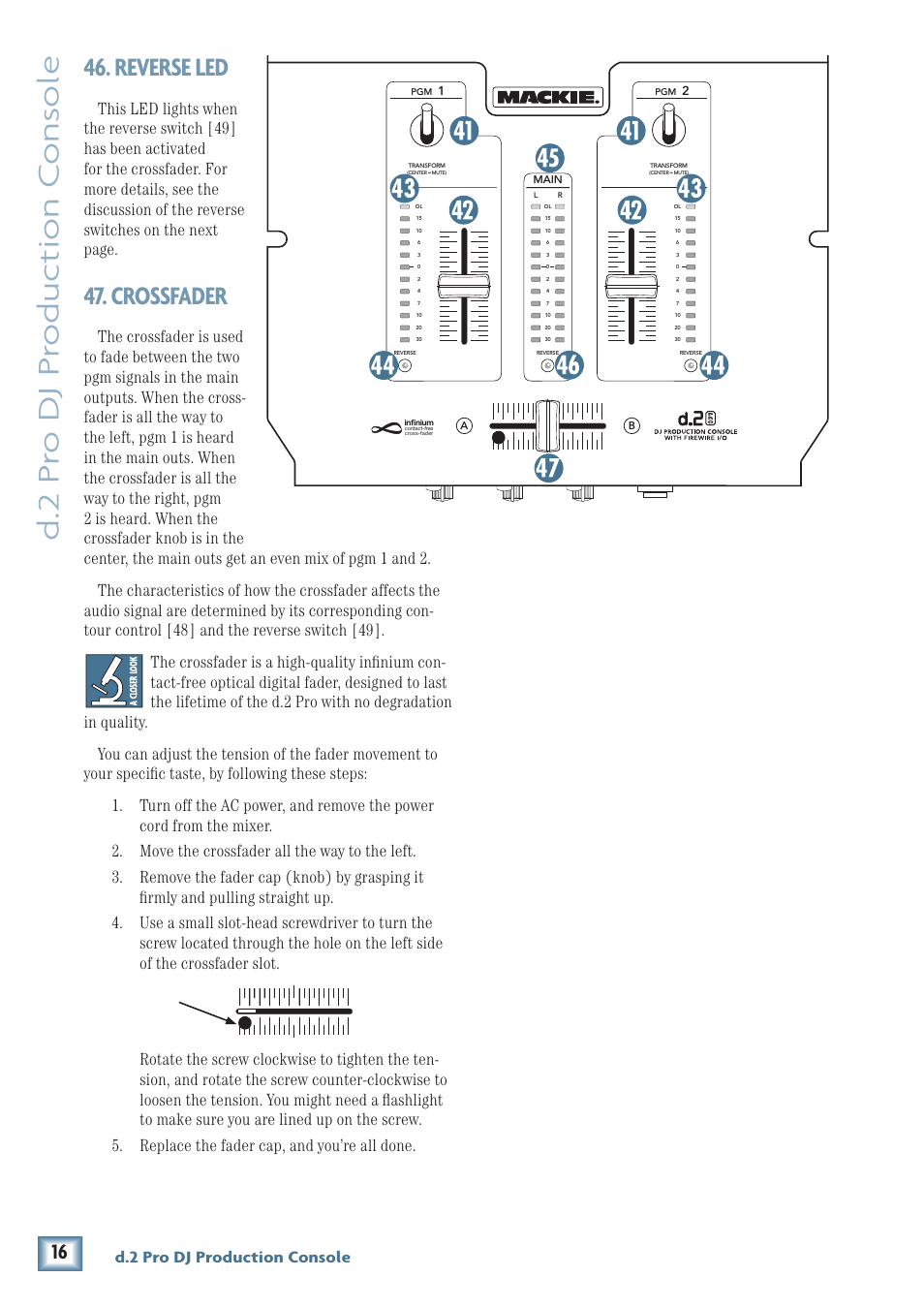 D.2 pr o dj pr oduc tion c ons ole, Reverse led, Crossfader | D.2 pro dj production console | MACKIE DJ Mixer User Manual | Page 16 / 32