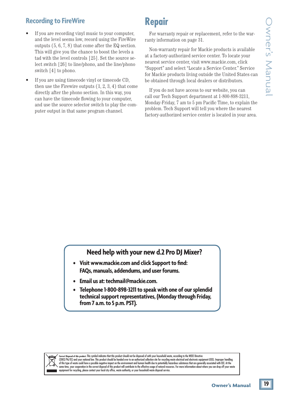 Repair, Owner’ s manual, Recording to firewire | Need help with your new d.2 pro dj mixer | MACKIE DJ Mixer User Manual | Page 19 / 32