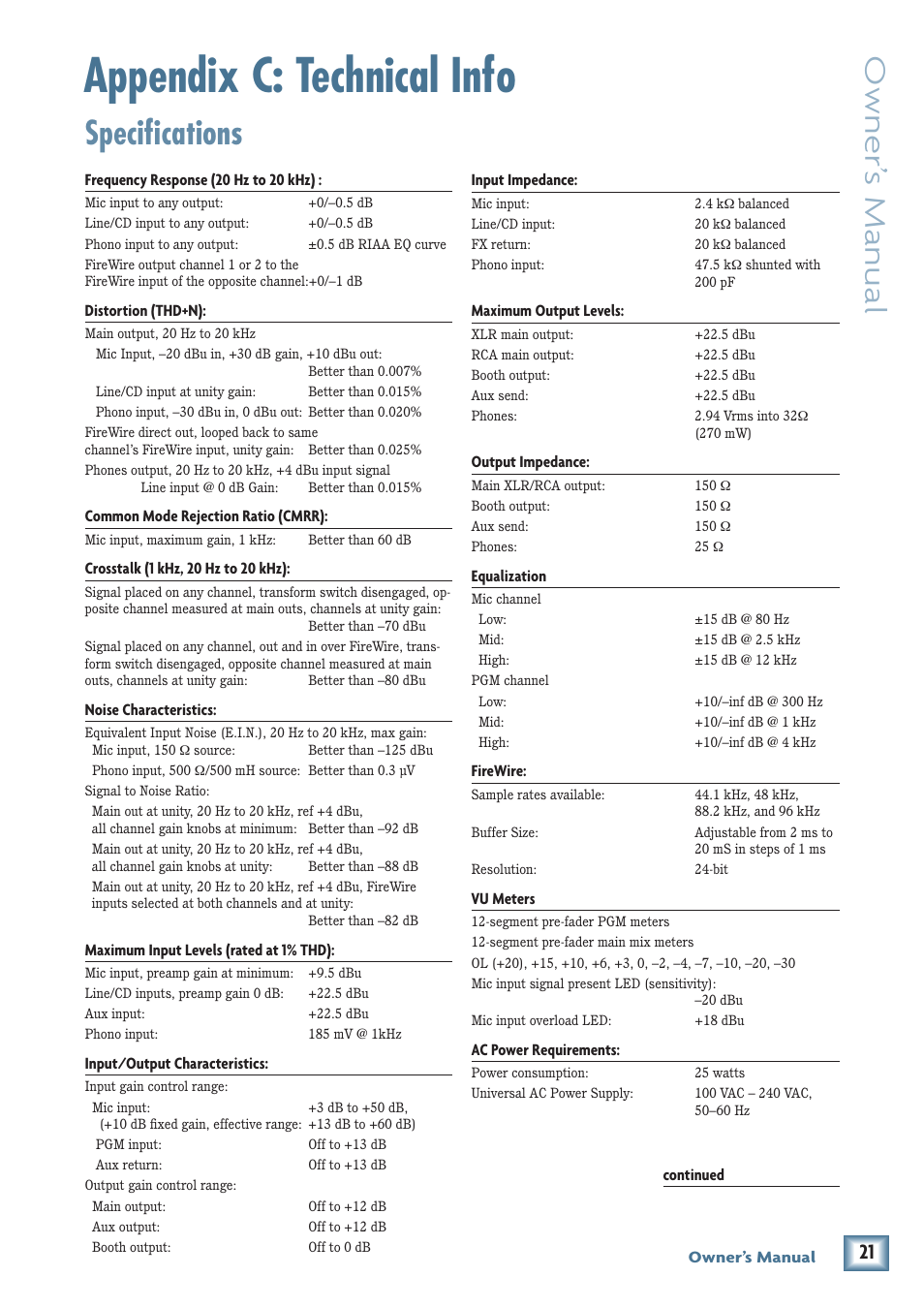 Appendix c: technical info, Specifications, Owner’ s manual | MACKIE DJ Mixer User Manual | Page 21 / 32