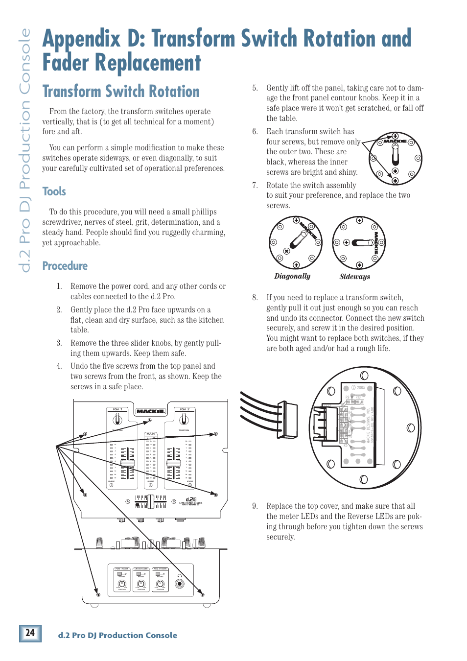 Transform switch rotation, D.2 pr o dj pr oduc tion c ons ole, Tools | Procedure, D.2 pro dj production console, Sideways diagonally, Mic control | MACKIE DJ Mixer User Manual | Page 24 / 32