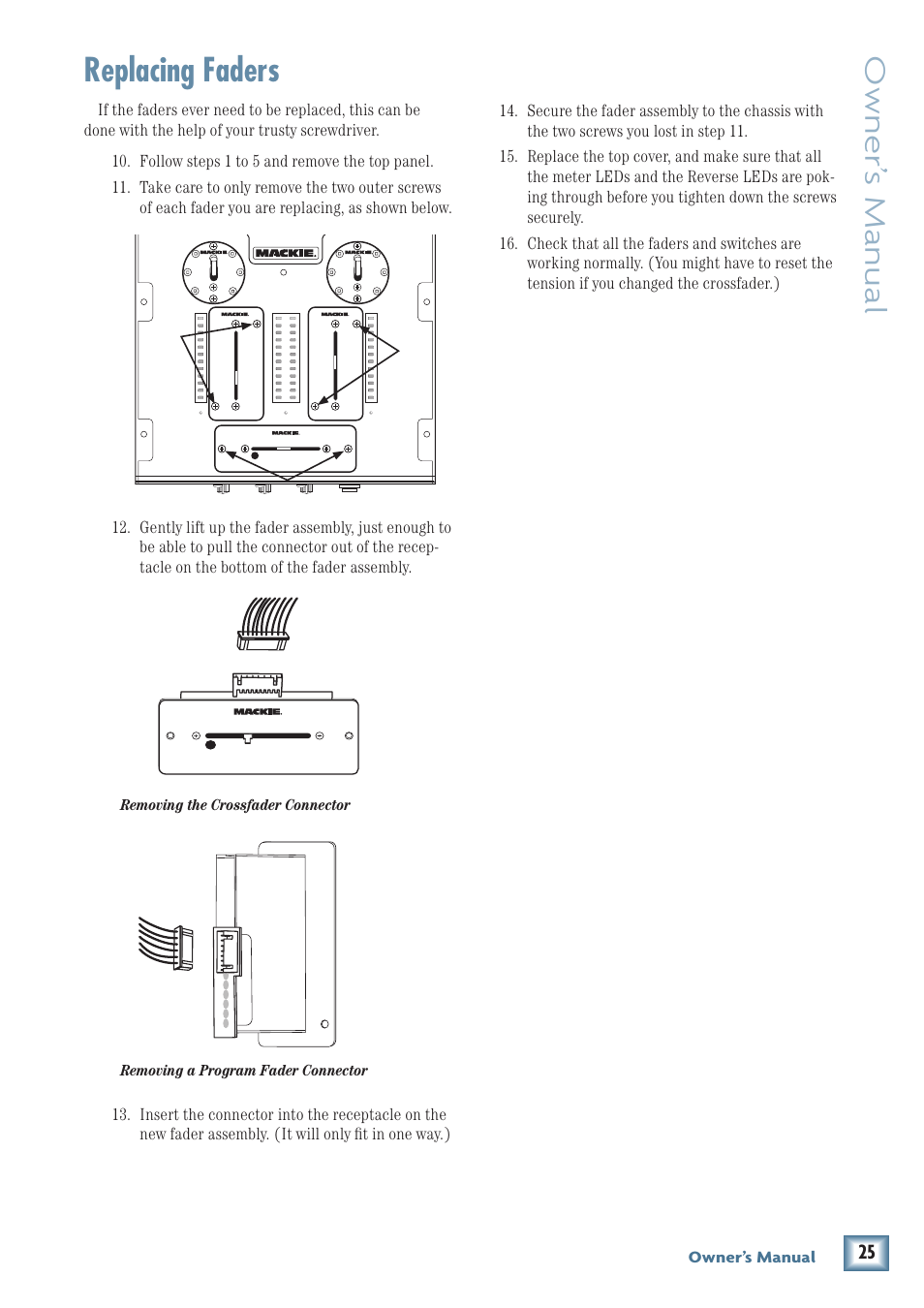 Replacing faders, Owner’ s manual, Owner’s manual | MACKIE DJ Mixer User Manual | Page 25 / 32