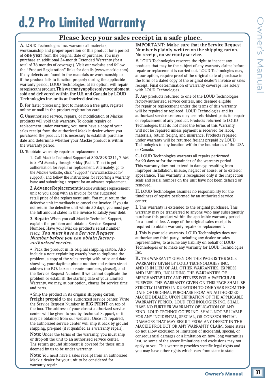 D.2 pro limited warranty, Owner’ s manual, Please keep your sales receipt in a safe place | MACKIE DJ Mixer User Manual | Page 31 / 32