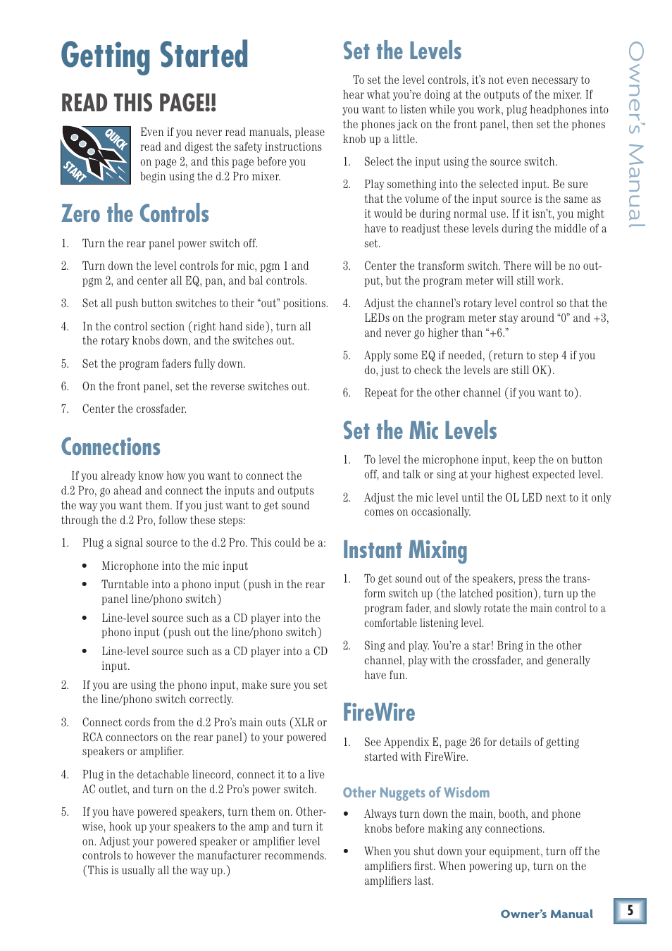 Getting started, Read this page, Zero the controls | Connections, Set the levels, Set the mic levels, Instant mixing, Firewire, Owner’ s manual | MACKIE DJ Mixer User Manual | Page 5 / 32