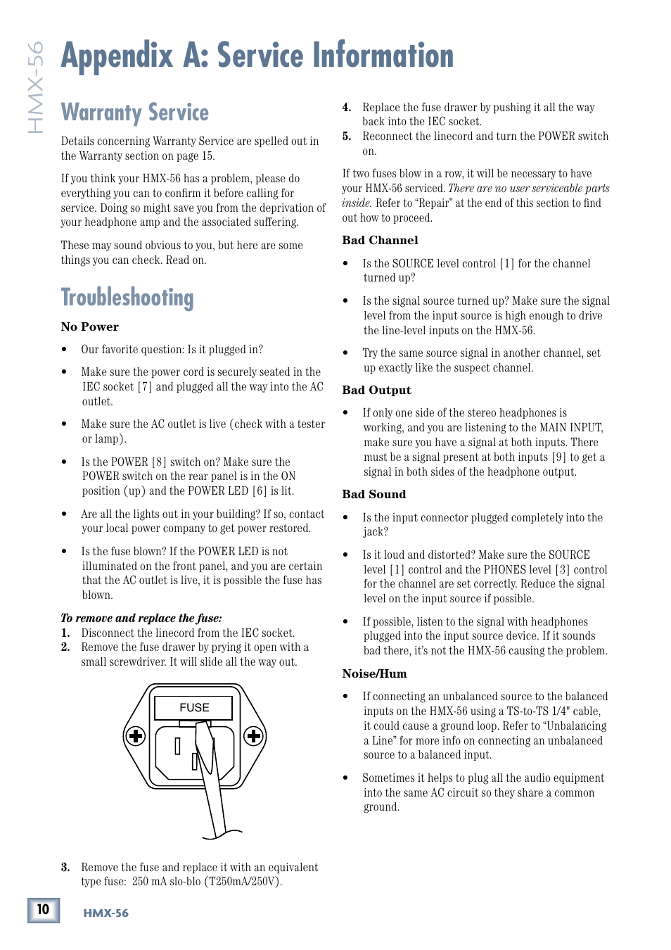 Appendix a: service information, Warranty service, Troubleshooting | Warranty service troubleshooting, Hmx -56 | MACKIE HMX-56 User Manual | Page 10 / 16