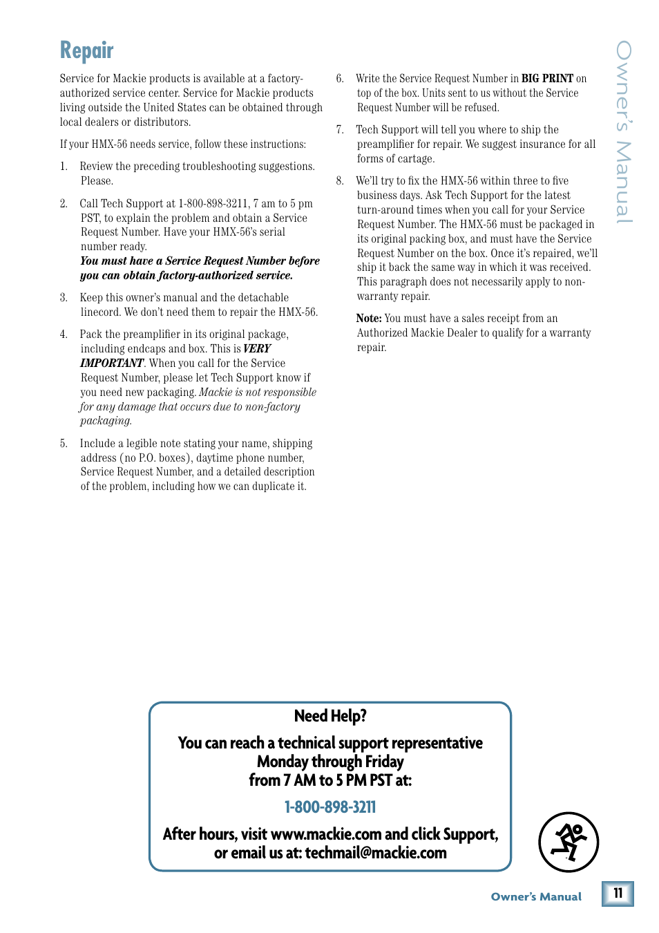 Repair, Owner’ s manual | MACKIE HMX-56 User Manual | Page 11 / 16