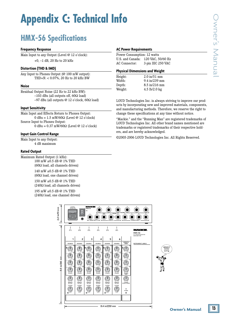Appendix c: technical info, Hmx-56 specifications, Owner’ s manual | Owner’s manual, Ac power requirements, Physical dimensions and weight, Frequency response, Distortion (thd & imd), Noise, Input sensitivity | MACKIE HMX-56 User Manual | Page 13 / 16