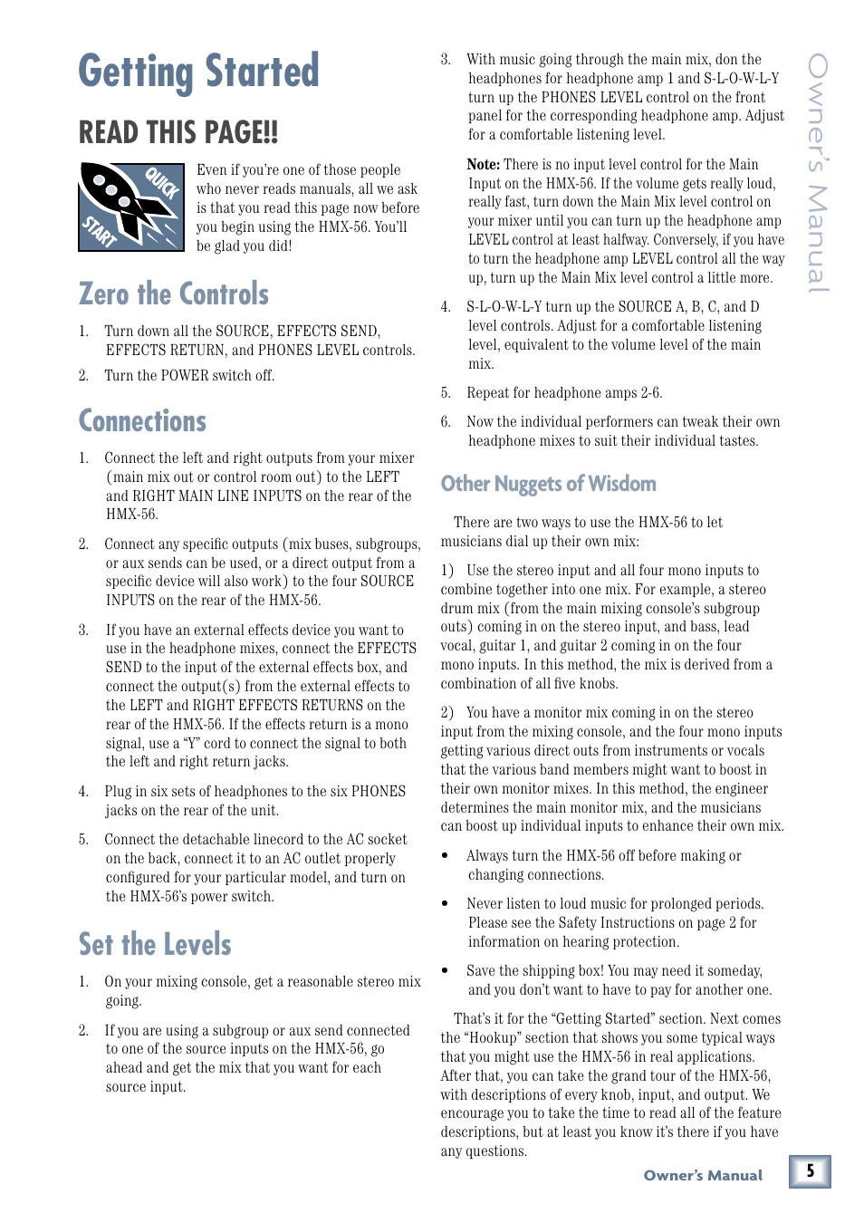 Getting started, Zero the controls, Connections | Set the levels, Zero the controls connections set the levels, Read this page, Owner’ s manual, Other nuggets of wisdom | MACKIE HMX-56 User Manual | Page 5 / 16