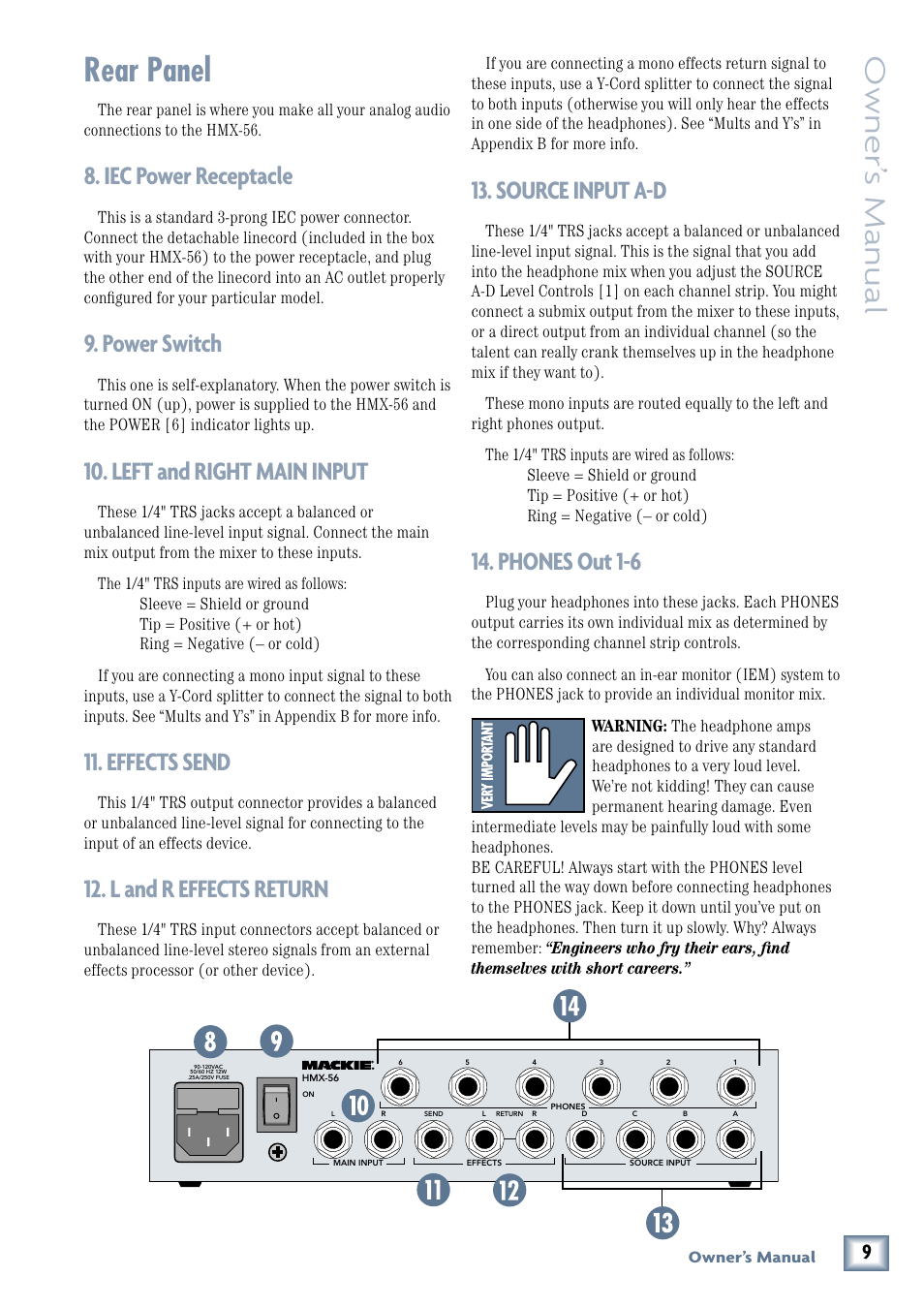 Rear panel, Iec power receptacle, Power switch | Left and right main input, Effects send, L and r effects return, Source input a-d, Phone out 1-6, Owner’ s manual, Phones out 1-6 | MACKIE HMX-56 User Manual | Page 9 / 16