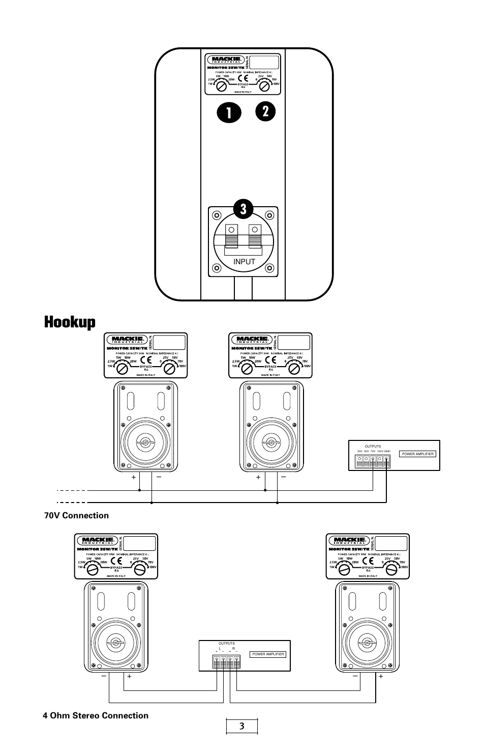 Hookup, 70v connection 4 ohm stereo connection | MACKIE MR3SWTK User Manual | Page 3 / 6