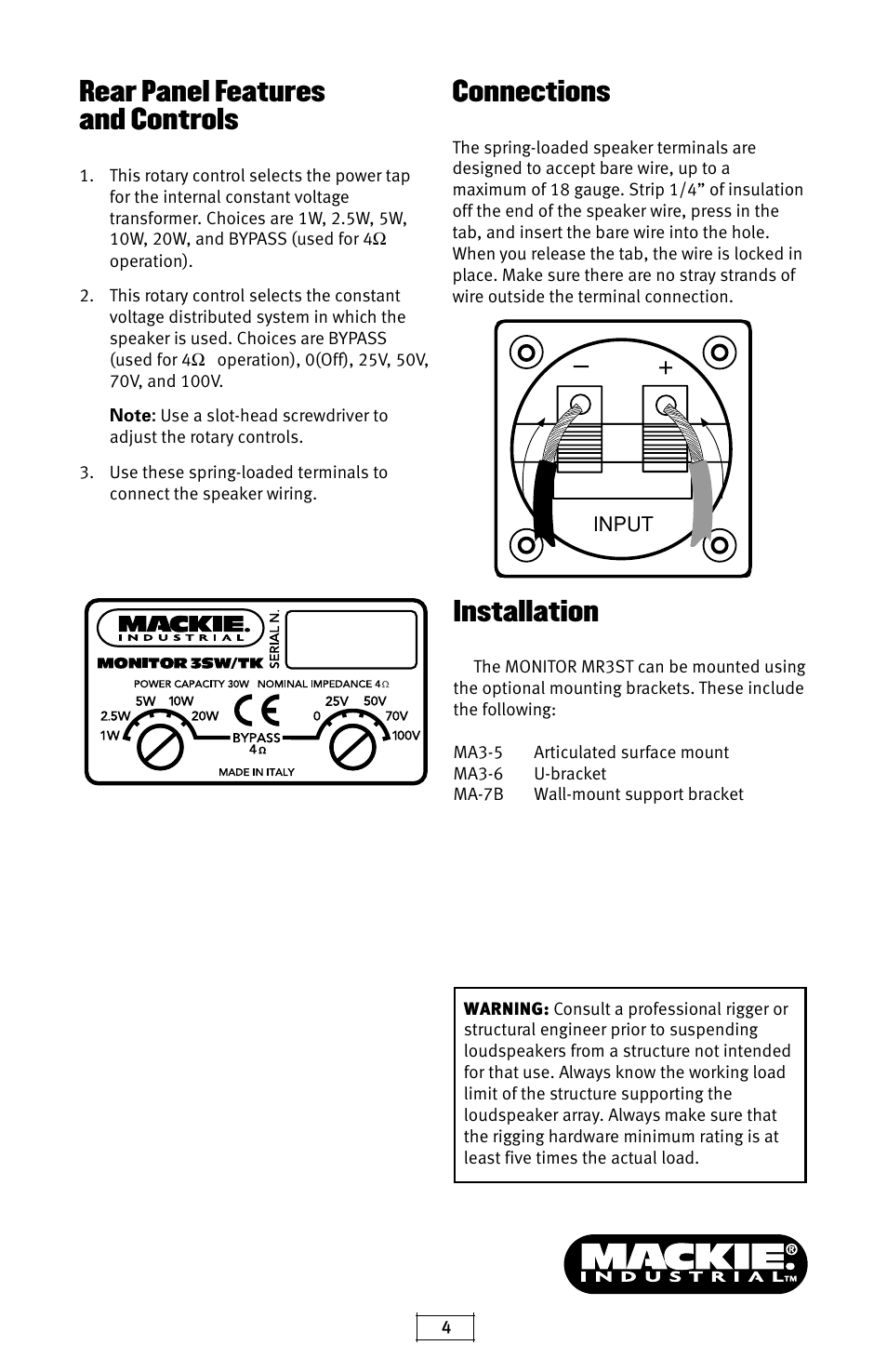 Rear panel features and controls, Installation, Connections | MACKIE MR3SWTK User Manual | Page 4 / 6