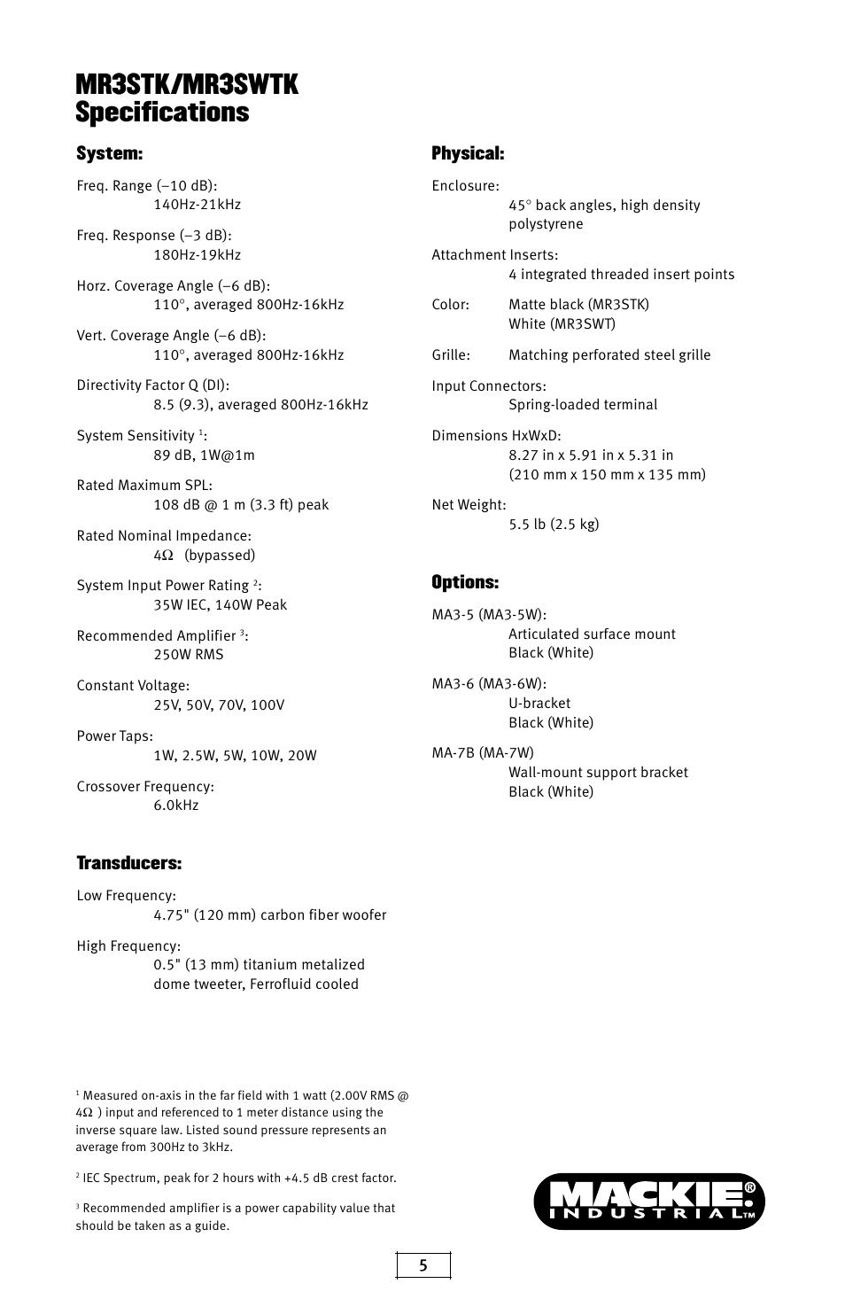 Mr3stk/mr3swtk specifications | MACKIE MR3SWTK User Manual | Page 5 / 6