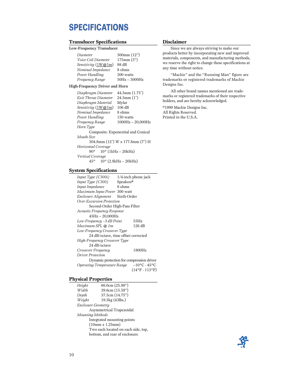 Specifications | MACKIE C300i User Manual | Page 10 / 11