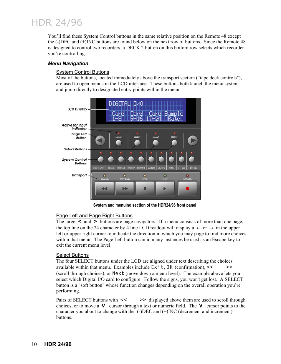 Menu navigation, System control buttons, Select buttons | Hdr 24/96 | MACKIE HDR24/96 User Manual | Page 10 / 226