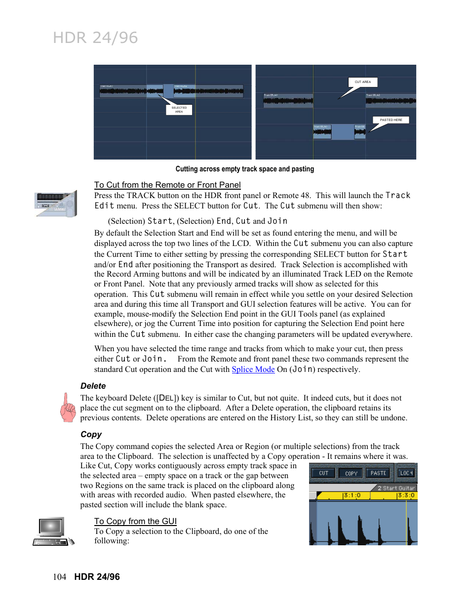 To cut from the remote or front panel, Delete, Copy | To copy from the gui, Delete 104, Copy 104, Hdr 24/96 | MACKIE HDR24/96 User Manual | Page 104 / 226