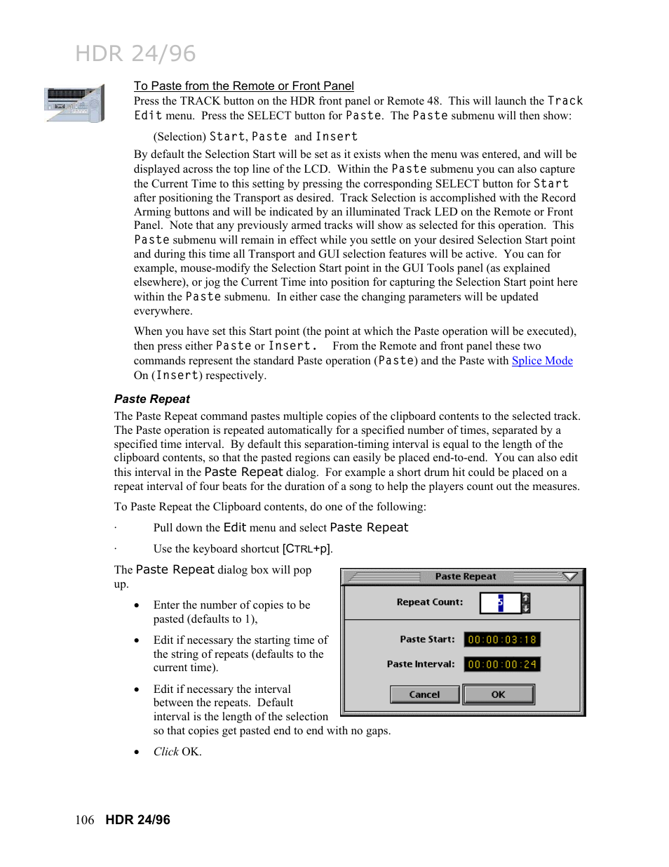 To paste from the remote or front panel, Paste repeat, Hdr 24/96 | MACKIE HDR24/96 User Manual | Page 106 / 226