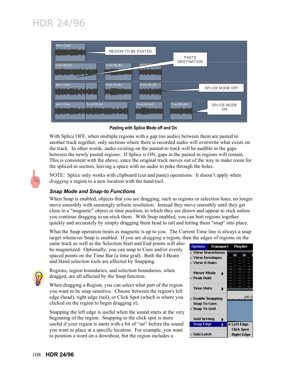 Snap mode and snap-to functions, Hdr 24/96 | MACKIE HDR24/96 User Manual | Page 108 / 226