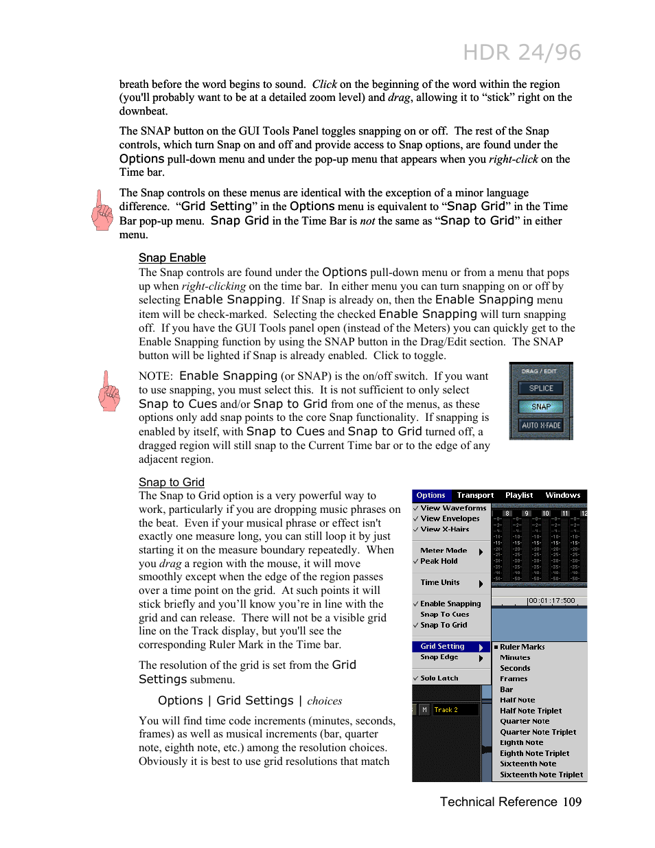 Snap enable, Snap to grid, Hdr 24/96 | MACKIE HDR24/96 User Manual | Page 109 / 226