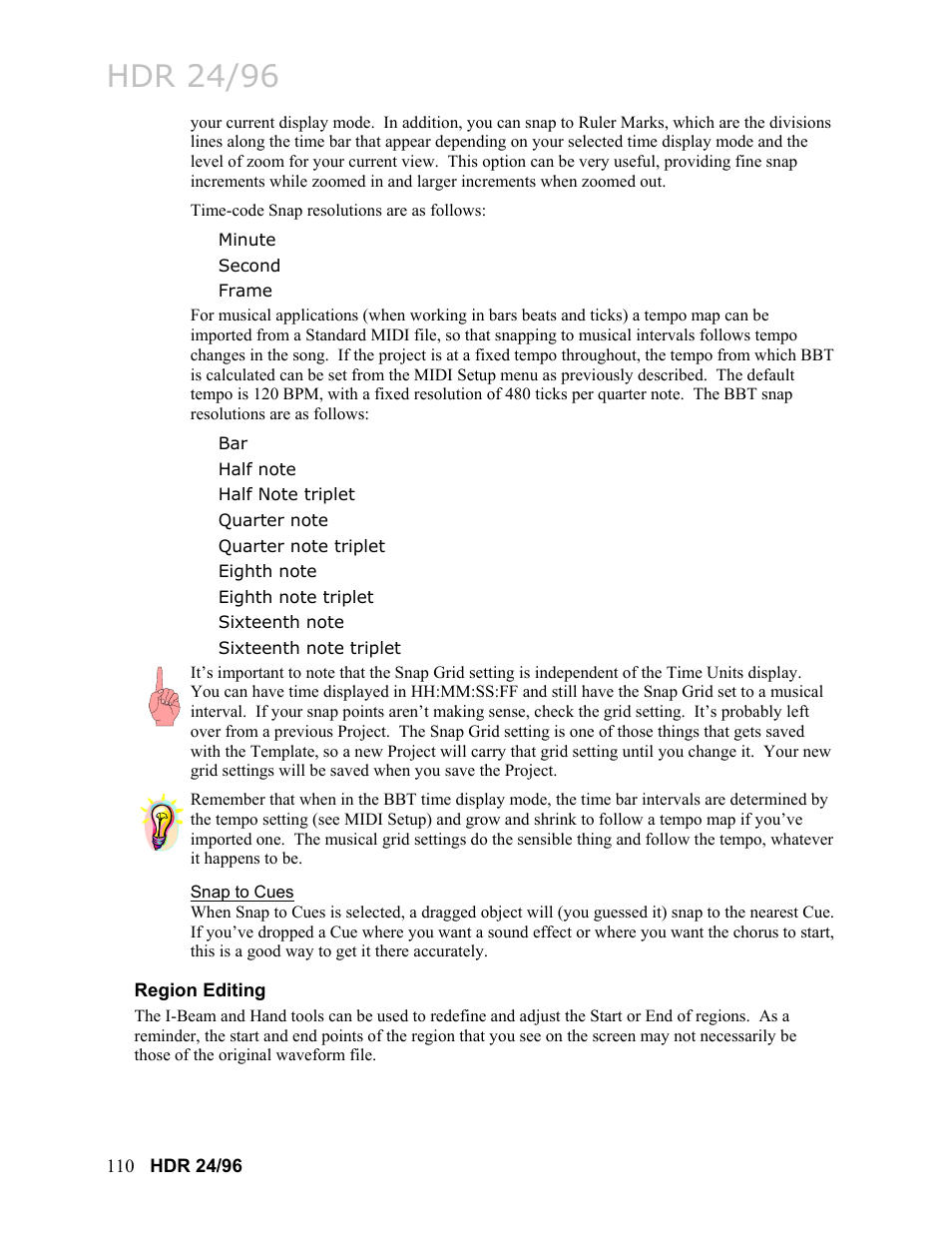 Snap to cues, Region editing, Hdr 24/96 | MACKIE HDR24/96 User Manual | Page 110 / 226