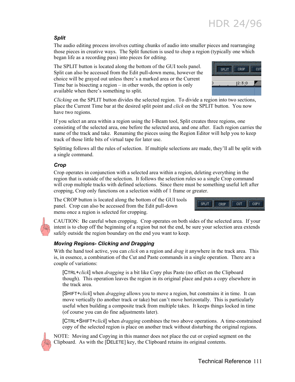 Split, Crop, Moving regions- clicking and dragging | Split 111, Crop 111, Moving regions- clicking and dragging 111, Hdr 24/96 | MACKIE HDR24/96 User Manual | Page 111 / 226