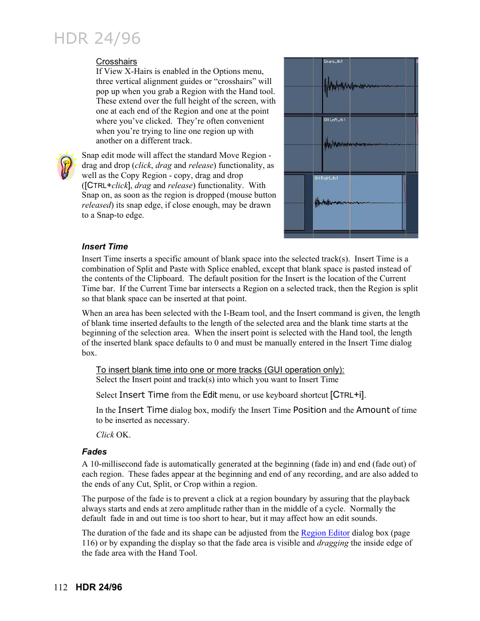 Crosshairs, Insert time, Fades | Fades 112, Hdr 24/96 | MACKIE HDR24/96 User Manual | Page 112 / 226